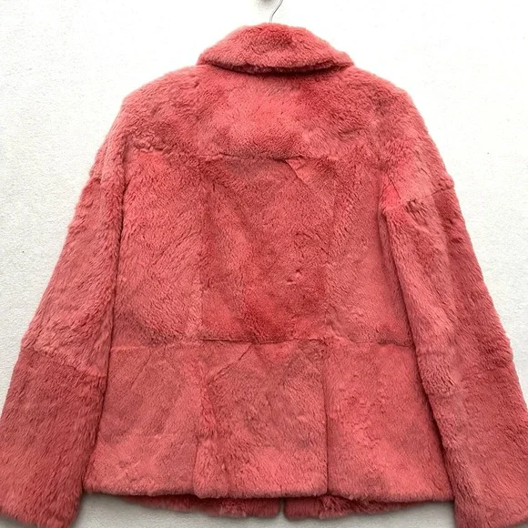 Bernardo Large L Spanish Rabbit Fur Coat Coral Salmon Jacket Satin Lined - Picture 11 of 11